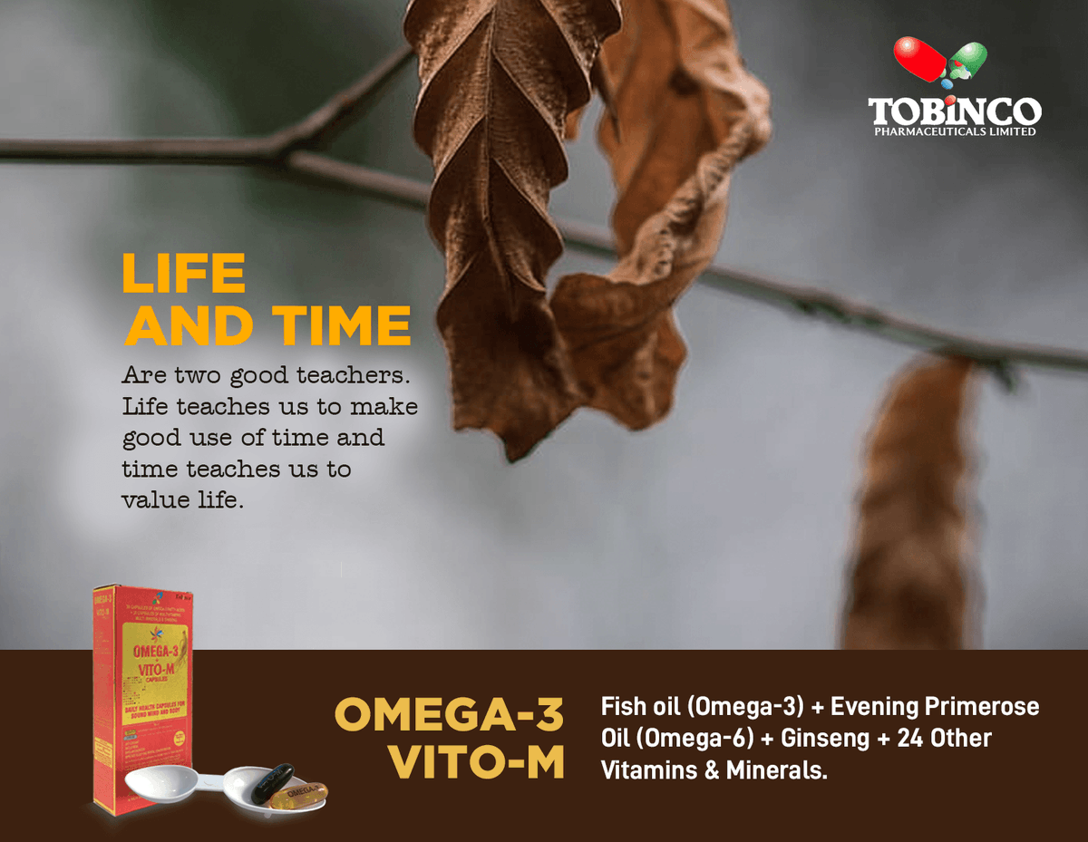 Tobincopharmacy's tweet image. Happy Monday!
Remember life and time are two good teachers. Life teaches us to make good use of time and time teaches us to value life.

#Tobinco #Omega3 #VitoM #Multivitamins #RichmondOfori #Perry #Speedy