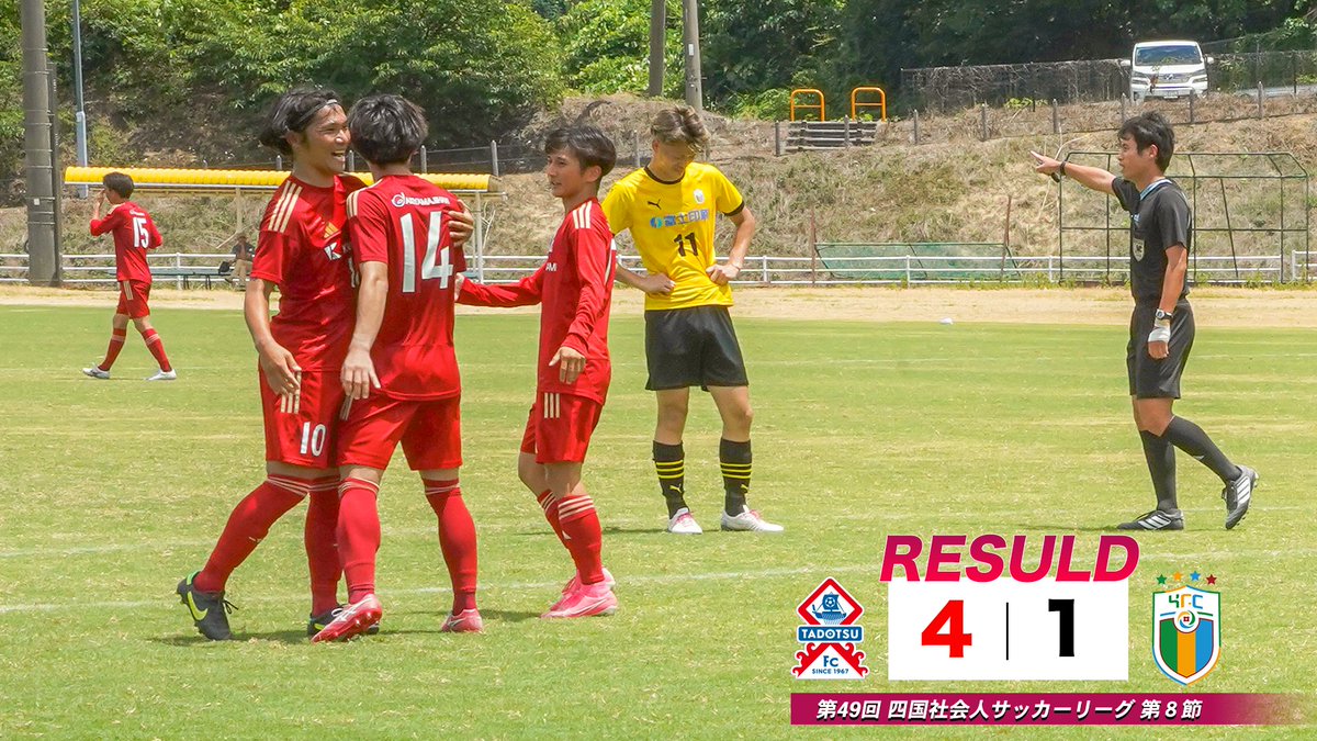 【試合結果】

🏆四国社会人サッカーリーグ第8節
📅2025年7月13日（日）
多度津FC 4-1 YFC四国中央
【得点者】：三原圭太2 / 梶山勝矢 / 橋本空新

逆転勝利で後期白星スタート！
まだまだここから。引き続き応援よろしくお願いします
#多度津FC #四国リーグ #逆転勝利 

tadotsufc.com/game/league/en…