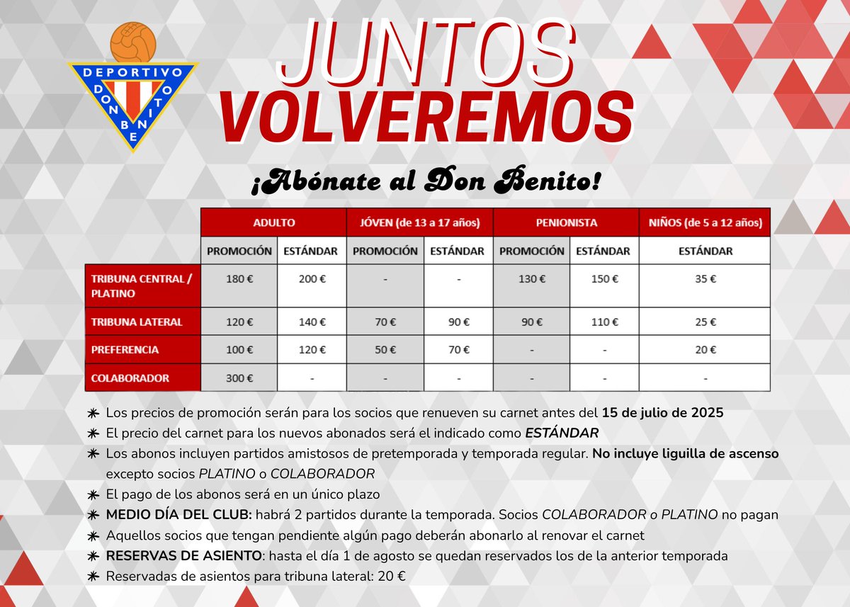 📢 ¡Atención, afición!

El 𝐦𝐚𝐫𝐭𝐞𝐬 𝟏𝟓 𝐝𝐞 𝐣𝐮𝐥𝐢𝐨 será el último día para renovar tu abono del #CDDonBenito a precio reducido.

¡HAZTE SOCIO, JUNTOS VOLVEREMOS! 🔴⚪