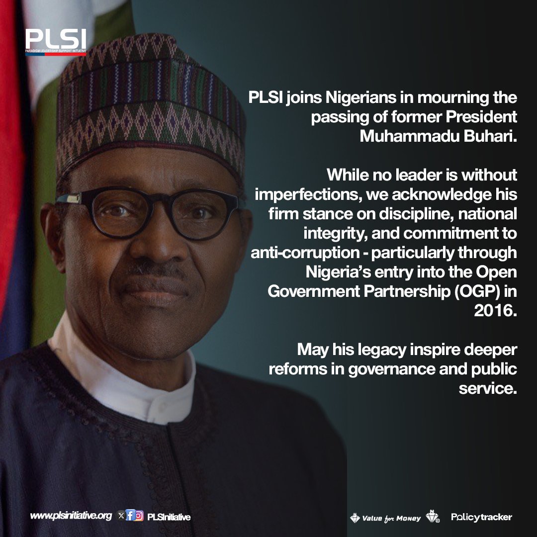 PLSI joins Nigerians in mourning the passing of former President <a href="/MBuhari/">Muhammadu Buhari</a>.🕊️

May his legacy inspire deeper reforms in governance and public service.

#Buhari #GovernanceLegacy #OGPNigeria