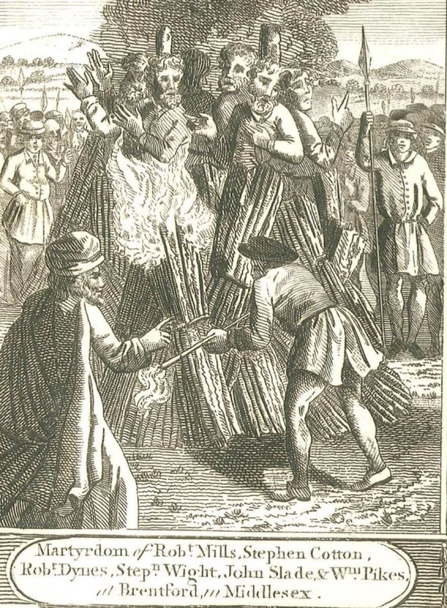 HistoricalRook's tweet image. #OTD July 14, 1558:
Bishop Bonner has Robert Miles, Stephen Cotton, John Slade, Robert Dynes, William Pikes, and Stephen Wight burned at the stake. The case is especially notorious because the six had been guilty of no more than praying and reading the Bible while no longer…