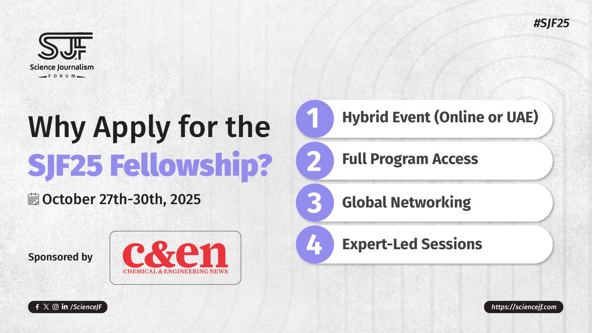 ScienceJF's tweet image. 🎉 Why apply for the #SJF25 Fellowship?
✅ Free access to hybrid sessions.
✅ Networking with global experts.
✅ Career opportunities.
🎯 Open to journalists in/covering Nigeria with 1–2 years’ experience.
🔗 Apply today:shorturl.at/aIPYN
#SJF25 #Sciencejournalism