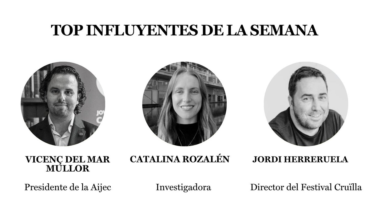 The New Barcelona Post (@newbcnpost) on Twitter photo ⚡️ Esta semana en nuestro top influyentes destacamos:
📍 <a href="/vicencdelmar/">vicencdelmar</a>, presidente de <a href="/AIJEC/">AIJEC</a>
📍 <a href="/CatiRozalen/">Catalina Rozalen Miralles</a>, investigadora <a href="/HMar_research/">HMar Research Institute</a>
📍 Jordi Herreruela, director <a href="/cruillabcn/">FESTIVAL CRUÏLLA</a>
👉 Lee más en bit.ly/44rVX7a ⚡️ Esta semana en nuestro top influyentes destacamos:
📍 <a href="/vicencdelmar/">vicencdelmar</a>, presidente de <a href="/AIJEC/">AIJEC</a>
📍 <a href="/CatiRozalen/">Catalina Rozalen Miralles</a>, investigadora <a href="/HMar_research/">HMar Research Institute</a>
📍 Jordi Herreruela, director <a href="/cruillabcn/">FESTIVAL CRUÏLLA</a>
👉 Lee más en bit.ly/44rVX7a