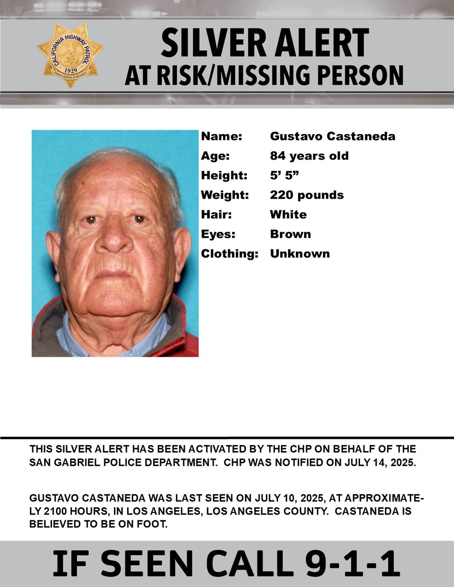 CHPAlerts's tweet image. Silver Alert – Los Angeles
Last Seen: S. Union Ave and 6th St., Los Angeles
@SanGabrielPD
IF SEEN, CALL 9-1-1