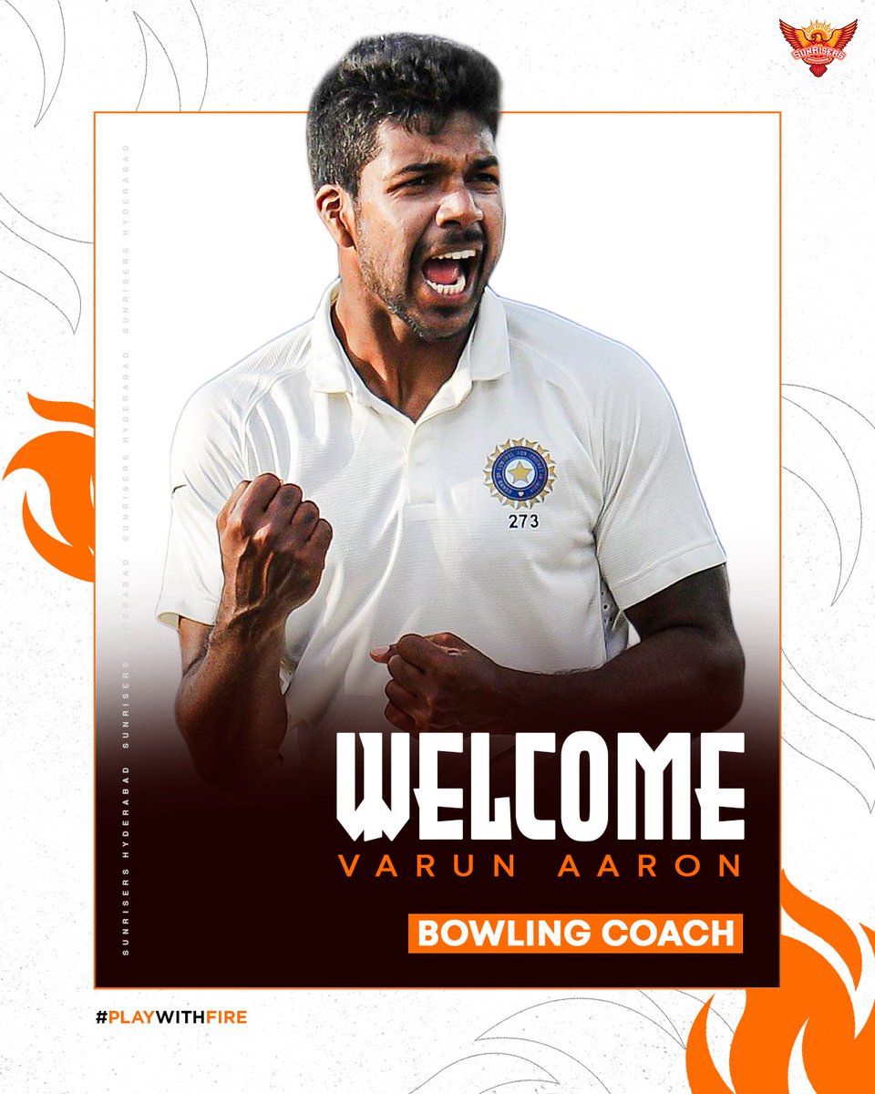 SunRisers's tweet photo. A fiery addition to our coaching staff! Welcome Varun Aaron as our new bowling coach 🔥🧡

#PlayWithFire https://t.co/qeg1bWntC5