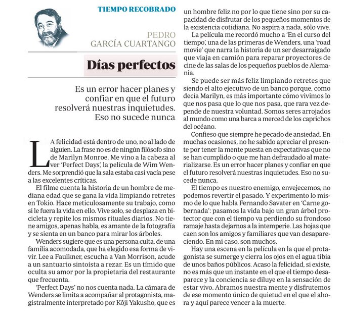 DÍAS PERFECTOS, de Pedro García Cuartango.

"Es un error hacer planes y confíar en que el futuro resolverá nuestras inquietudes. Eso no sucede nunca".