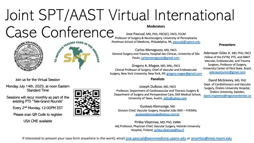 traumadoctors's tweet image. JOIN TODAY'S @Panamtrauma /AAST Virtual International Case Conference – happening at 12:00 PM EST🚨
Gain insight from a dynamic panel of experts and presenters discussing international trauma care cases.
aast.org/spt-aast-virtu…