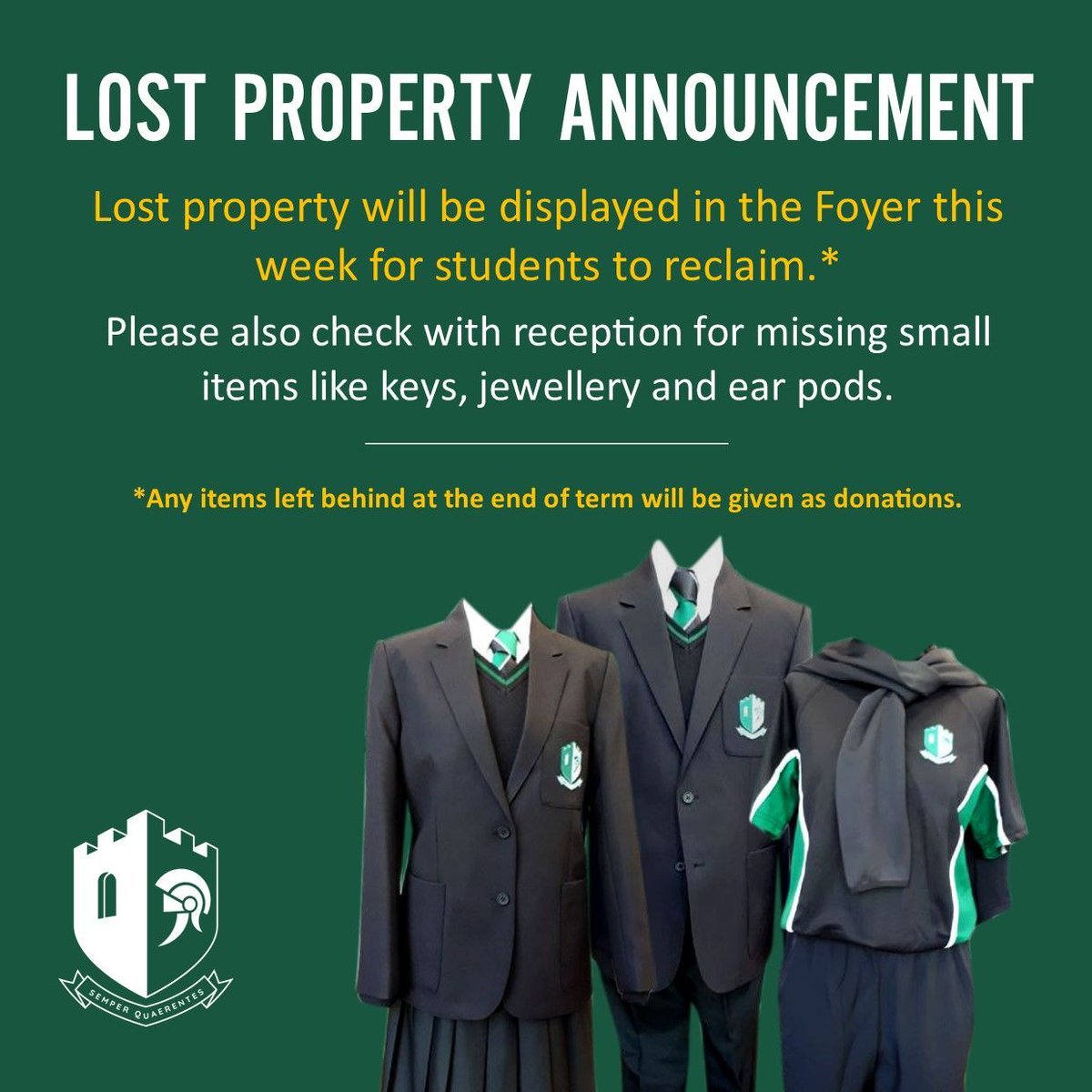 Please remind students to check and reclaim their lost property before the end of term. Thank you!