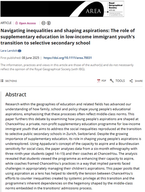 RGS_IBGhe's tweet image. 🔊New paper published in Area by Lara Landolt (@uzh_geo) 🔊
'Navigating inequalities and shaping aspirations: The role of supplementary education in low-income immigrant youth's transition to selective secondary school' #OpenAccess
doi.org/10.1111/area.7…