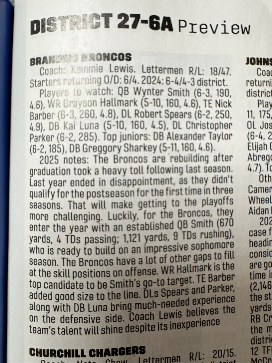 R.L. Martin (@_rl_martin) on Twitter photo <a href="/SaBrandeis/">Broncos Country 🐎</a> and <a href="/Coach_KLewis/">Kemmie Lewis</a> are making strides that deserve a look.
Returning QB <a href="/iWyntersmith/">Wynter smith</a> is a prospect to add to your boards. An athletic QB with a good frame and size (6’3 190)
<a href="/nick94barber/">Nick Barber</a>
<a href="/HallmarkGrayson/">Grayson hallmark</a>
<a href="/Kai2luna/">Kai Luna</a>
Alex Taylor
Robert Spears
When this team comes <a href="/SaBrandeis/">Broncos Country 🐎</a> and <a href="/Coach_KLewis/">Kemmie Lewis</a> are making strides that deserve a look.
Returning QB <a href="/iWyntersmith/">Wynter smith</a> is a prospect to add to your boards. An athletic QB with a good frame and size (6’3 190)
<a href="/nick94barber/">Nick Barber</a>
<a href="/HallmarkGrayson/">Grayson hallmark</a>
<a href="/Kai2luna/">Kai Luna</a>
Alex Taylor
Robert Spears
When this team comes