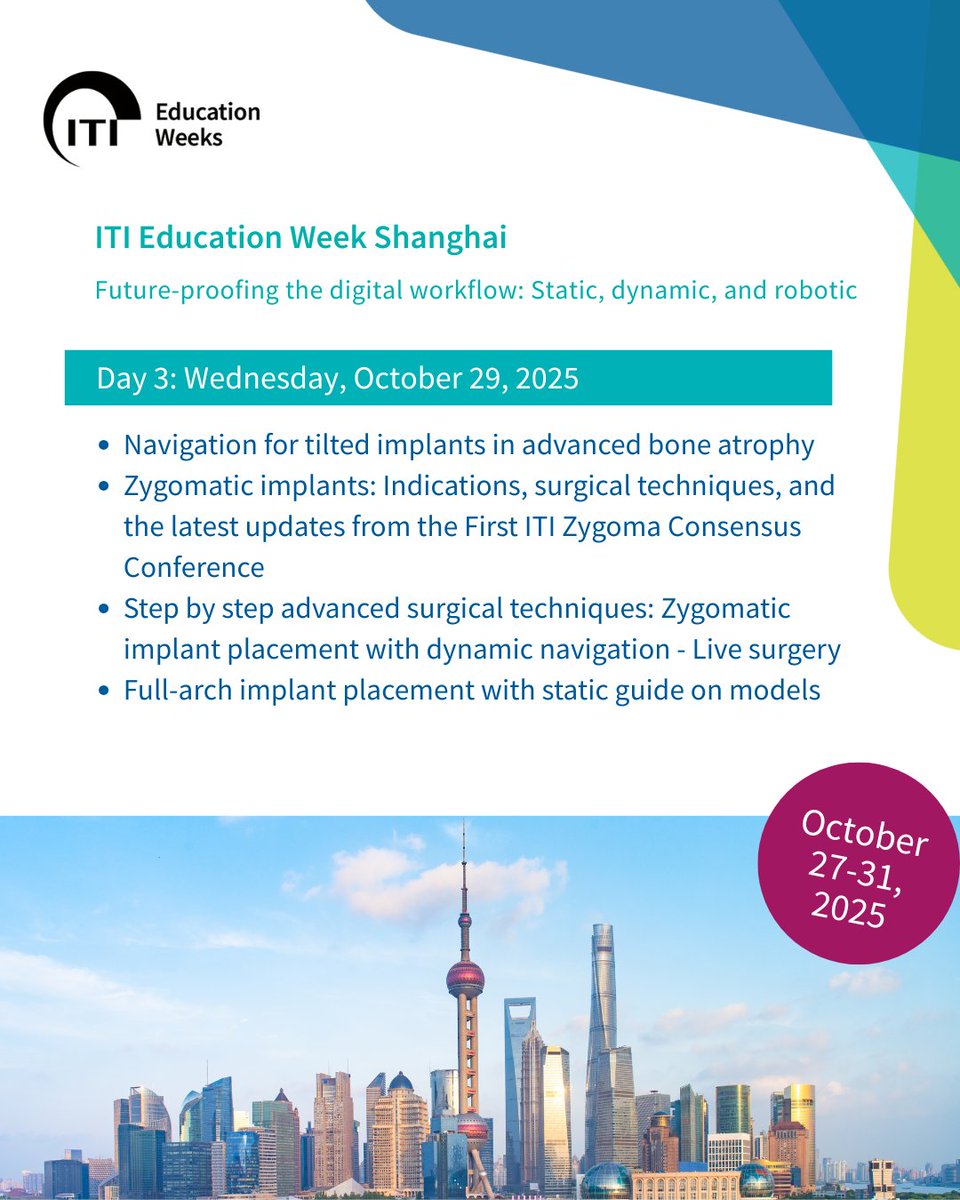 ITI Education Week Shanghai | October 29, 2025
🎯 DAY 3: Zygomatic Implants &amp; Advanced Navigation🎯
Complex cases demand advanced solutions! 🚀

LIVE zygomatic surgery with dynamic navigation + hands-on workshops! 💪
✨ Learn more: bit.ly/3ZCa8nj