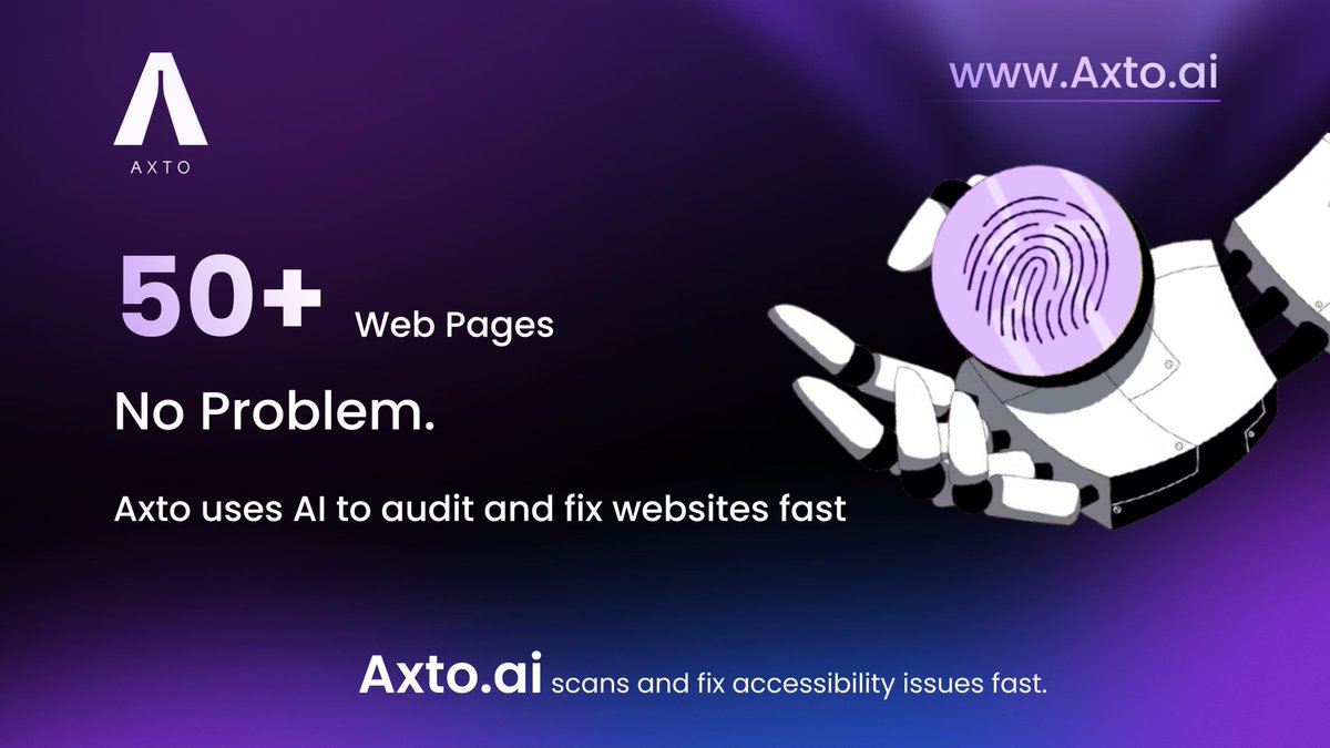 axto_ai's tweet photo. “50+ Pages? No Problem. 
Axto uses AI to audit and fix websites fast.”                                                                                                                                                                                                   https://t.co/nQ9sKOnlA3 scans and fixes accessibility issues - fast.                                                                                                                                                                                                                                           💥 Avoid fines. Stay compliant.                                                                                                                                                                                                                                                                          Start your AI-powered audit today.                                                                                                                                                                                                                                                               #AxtoAI #AccessibilityCompliance #EAA2025 #DigitalRisk #InclusiveWeb #LegalTech #EuropeanAccessibilityAct #wcag #Europe