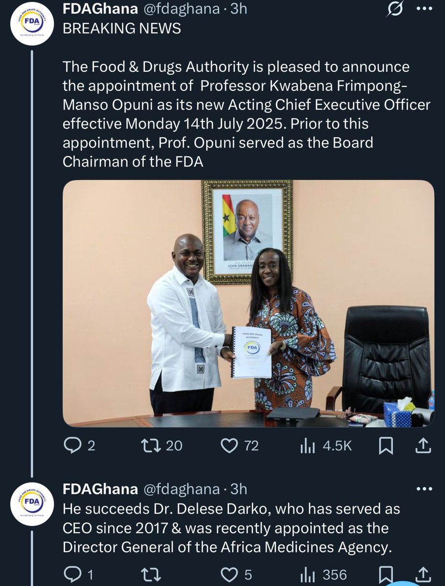 Breaking 🗞️: Prof Kwabena Frimpong-Manso Opuni is the newly appointed CEO of <a href="/fdaghana/">FDAGhana</a>. 
Congratulations Prof! We wish you the very best.