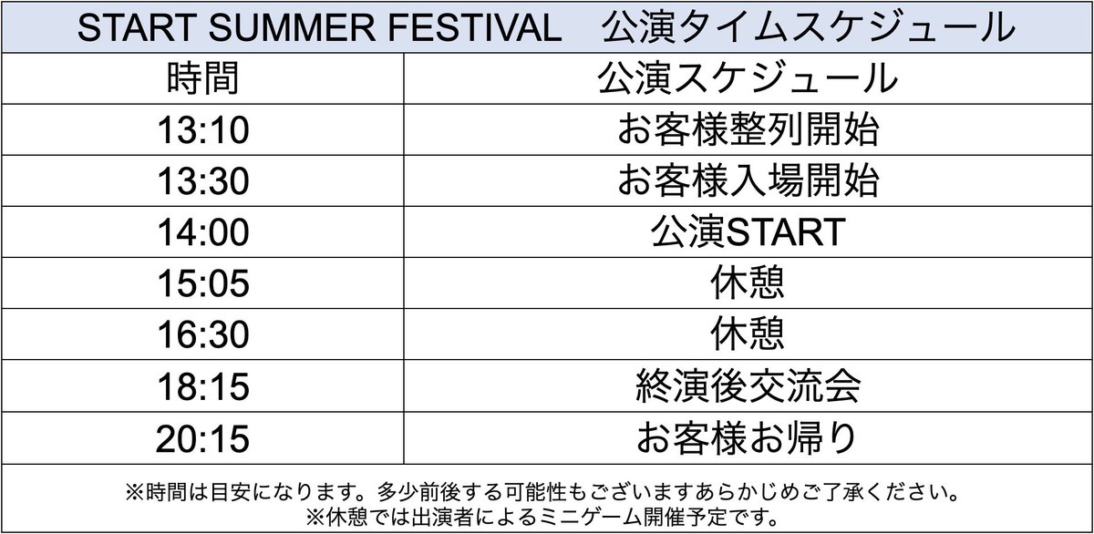 START_LIVE__'s tweet image. 【START SUMMER FESTIVAL お知らせ①】
当日まで、のこり3週間‼️
大まかなタイムスケジュールになります。
無理せず休憩を取りながらご覧ください!
持ち物リストもよかったらご活用ください!
#LiveSTART