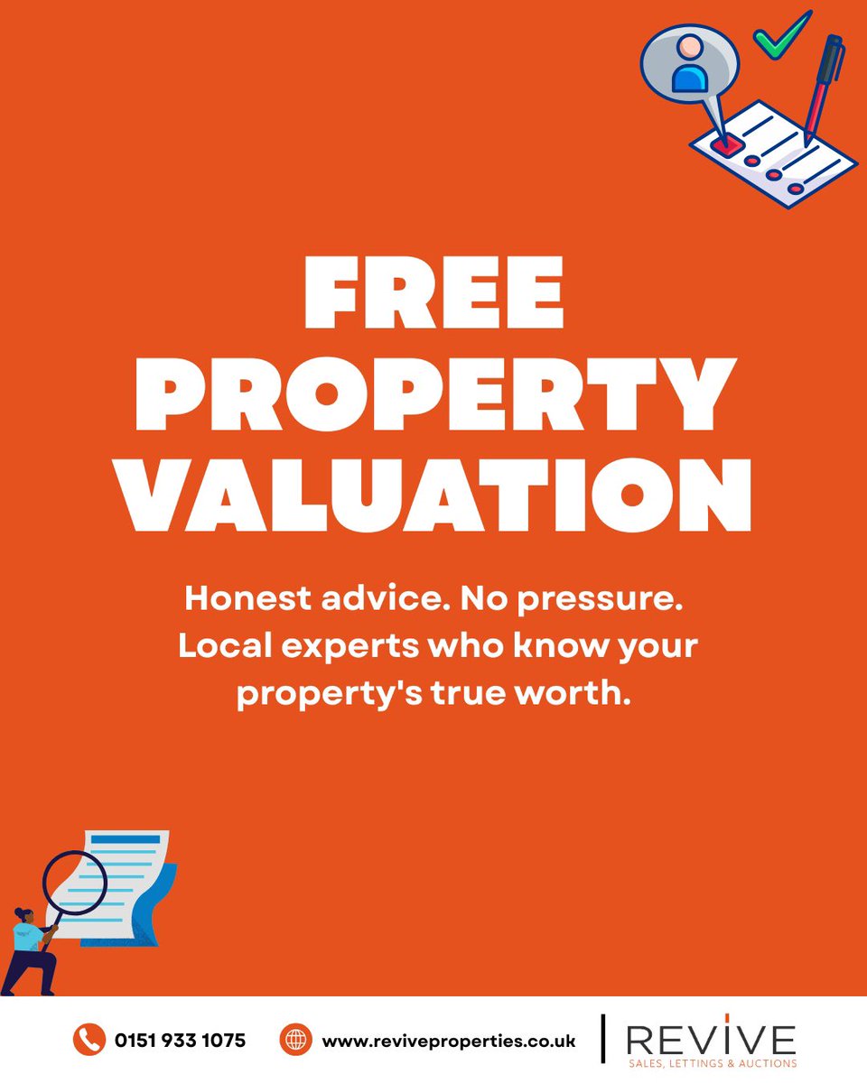 ReviveProperty_'s tweet photo. Curious about your property's true value? Whether you're selling, letting, or just planning ahead, our free property valuation gives you clear, honest insight with zero pressure.

Book your free valuation today: https://t.co/ru70buhnuA

#FreeValuation #LiverpoolProperty #Property https://t.co/XXje6a7EFP