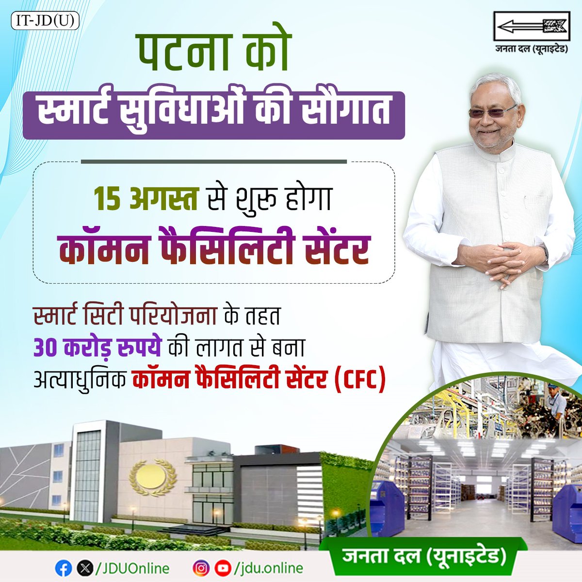 Jduonline's tweet photo. पटना को स्मार्ट सुविधाओं की एक और सौगात।
15 अगस्त से शुरू होगा कॉमन फैसिलिटी सेंटर।
#JDU #NitishKumar #SmartPatna #CommonFacilityCenter #UrbanDevelopment #BiharVikas #NitishModel #SmartCityMission #NayaBihar #15AugustLaunch https://t.co/xj9BXkAR0r