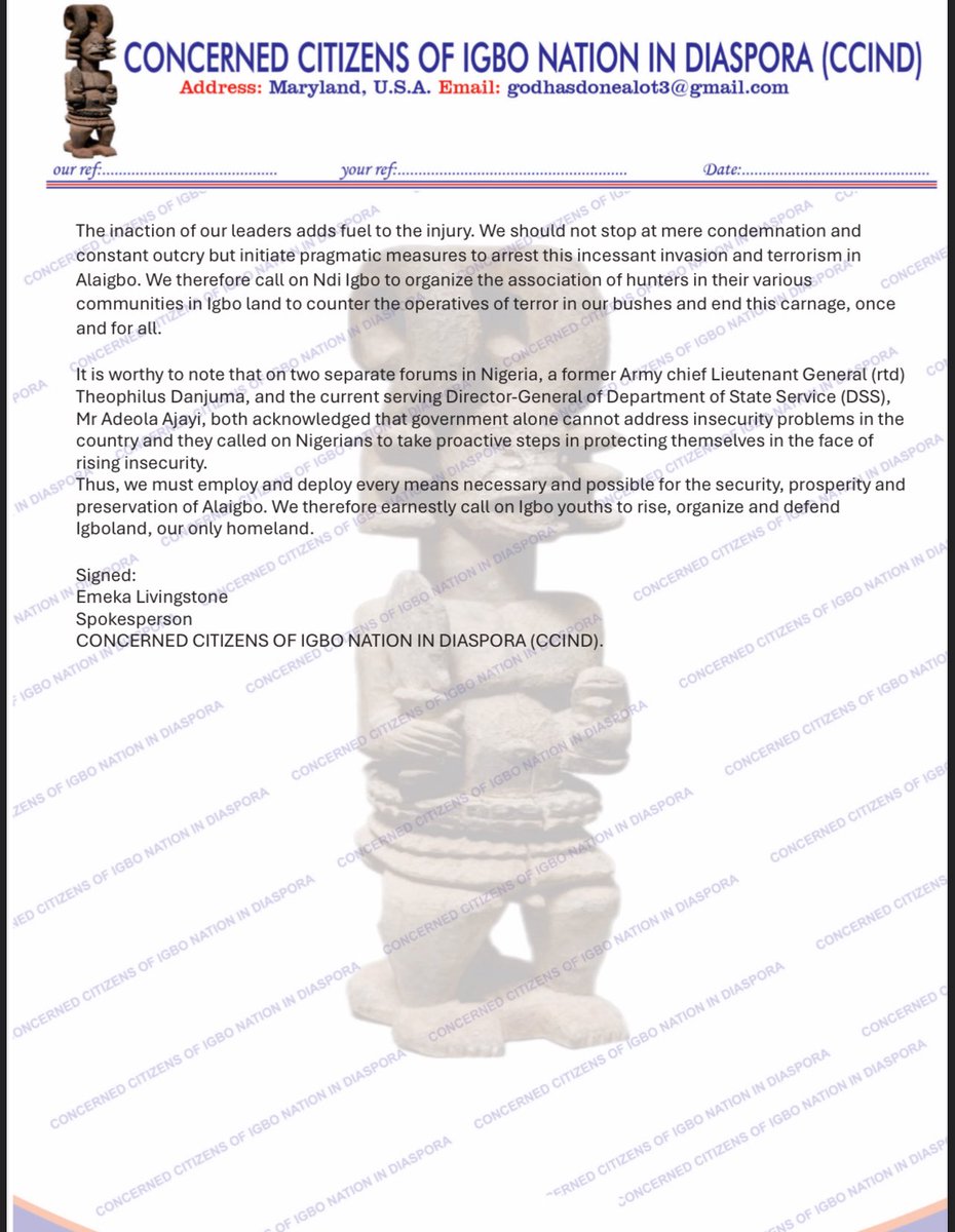 AloyEjimakor's tweet image. In a press release dated 14th July 2025 &amp;amp; signed by Emeka Livingstone, the ‘Concerned Citizens of Igbo Nation in Diaspora (CCIND)’ has called on Igbo youths to organize &amp;amp; defend Igboland.