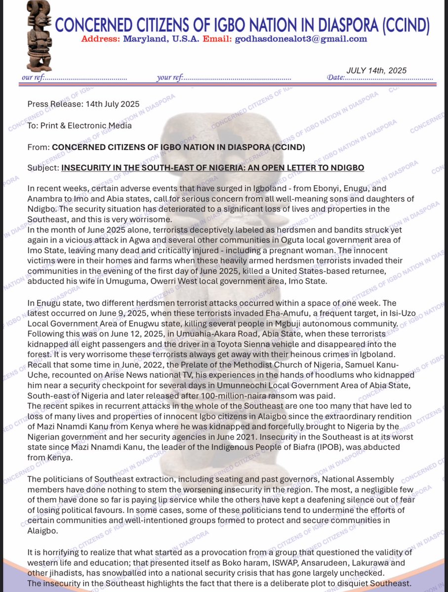 AloyEjimakor's tweet image. In a press release dated 14th July 2025 &amp;amp; signed by Emeka Livingstone, the ‘Concerned Citizens of Igbo Nation in Diaspora (CCIND)’ has called on Igbo youths to organize &amp;amp; defend Igboland.