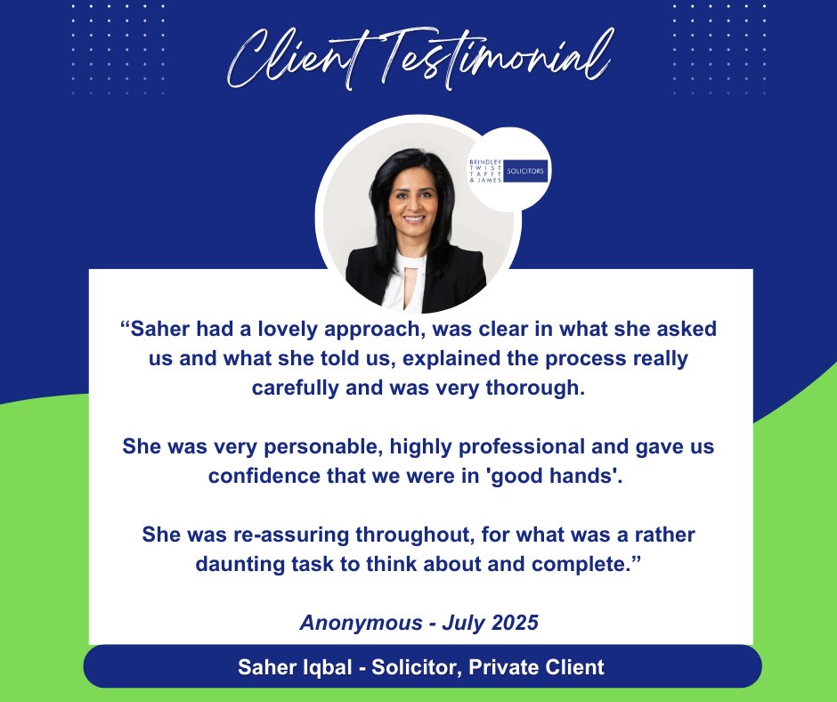Saher Iqbal, Solicitor in our Private Client Department, based in our Balsall Common office, has received some excellent feedback from one of her clients

View Saher's profile here: bit.ly/4jwV6aa

#ClientFeedback #Solicitors #BalsallCommon #Wills #EstatePlanning