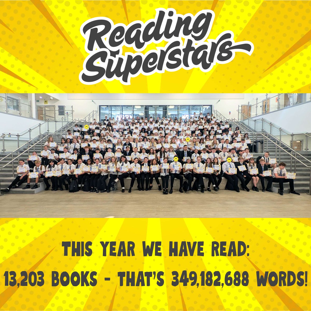 📚Dathlu Darllen📚
What an amazing sight to see this morning! Here are our Year 7 and Year 8 reading champions who have given their all to the Accelerated Reader programme this year. I don't think we've ever seen the atrium so full! We can't wait for Friday's reward trip🎊