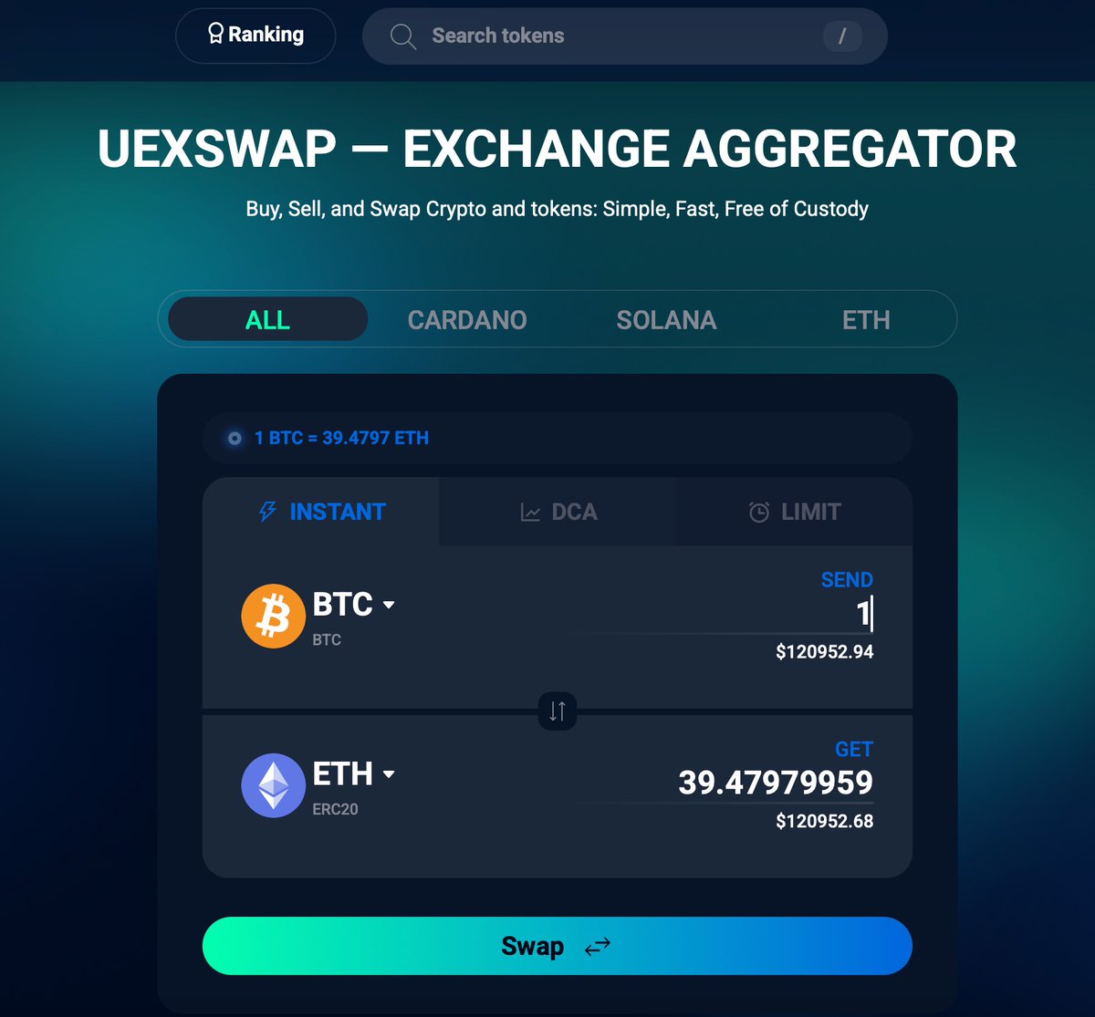 UexSwap is the best DeFi solution to swap BTC to ETH:

1️⃣ Fast
2️⃣ Cheap
3️⃣ Non-custodial

🔁 Swap crypto now: uexswap.com

Supports $BTC, $ETH, $TRX, $ADA, $POL, $SUI, $SOL, and 2,200+ more pairs! 🚀