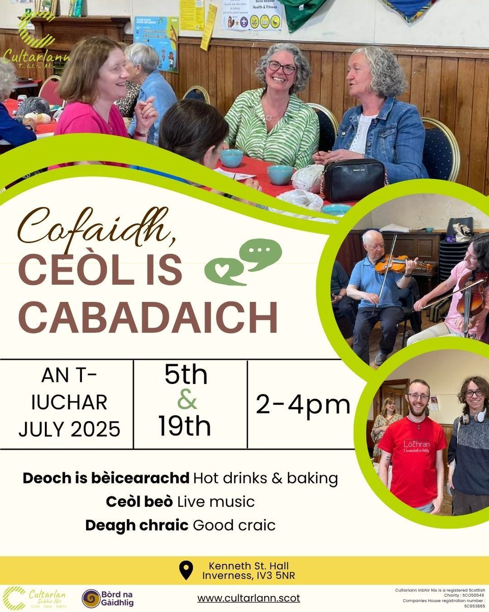 Tha Cofaidh, Ceòl is Cabadaich air ais air Disathairne!  ☕

Cofaidh, Ceòl is Cabadaich is back on Saturday! 🎻

#gaelic #gàidhlig