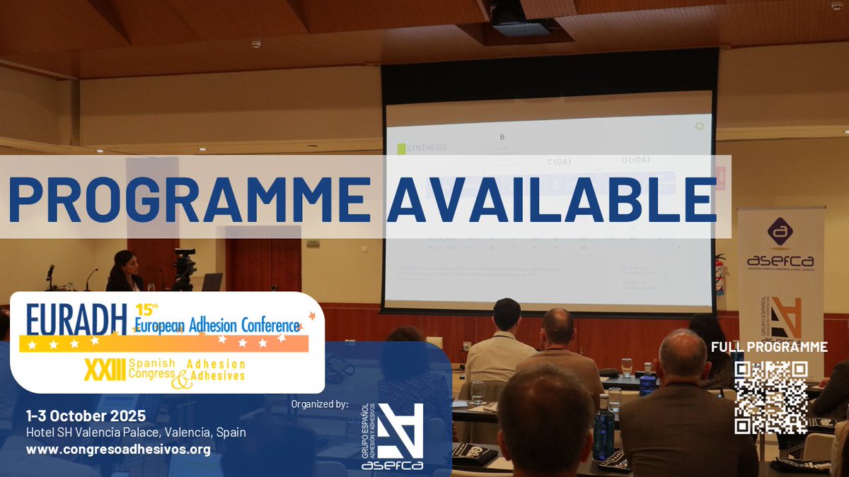 🚨 The #EURADH2025 preliminary programme is out!
Join us this October in Valencia for key insights on adhesion &amp; adhesives, with top speakers and strong industry participation.

📍 See you in Valencia!

👉 lnkd.in/dPPFjnn5

#Adhesion #Adhesives #Innovation #Conference