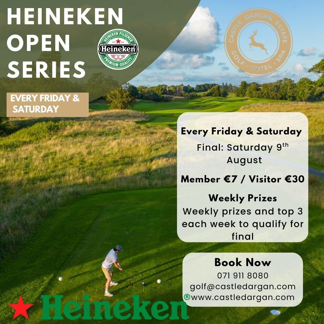 🏌️‍♂️ Tee off every Friday &amp; Saturday in the Heineken Open Series at Castle Dargan Estate! ⛳ Great golf, great prizes, great pints 🍺 Final showdown: 9th August — don’t miss it! #HeinekenOpenSeries #CastleDarganGolf #WeekendGolf #GolfIreland