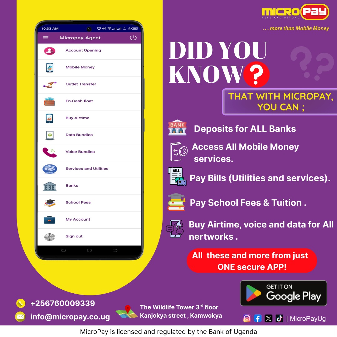 MicroPayug's tweet image. Did you Know that you can do all transactions in one place with Micropay App - from Mobile money, Bank deposits for all banks, bill &amp;amp; Service payments to data &amp;amp; airtime and so much more .
Join us today as a Customer or Agent and enjoy convenience.
#MicroPay #Fintech