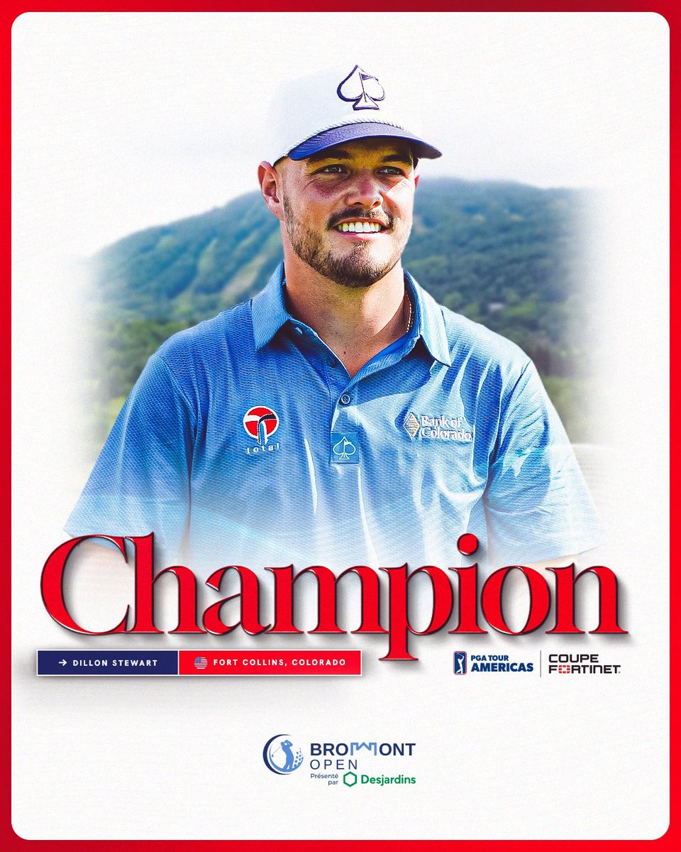 PGATOURAmericas's tweet image. Stewart outlasts them all at Bromont! 🏆
In just his second career start, Dillon Stewart is a Champion at the Bromont Open.