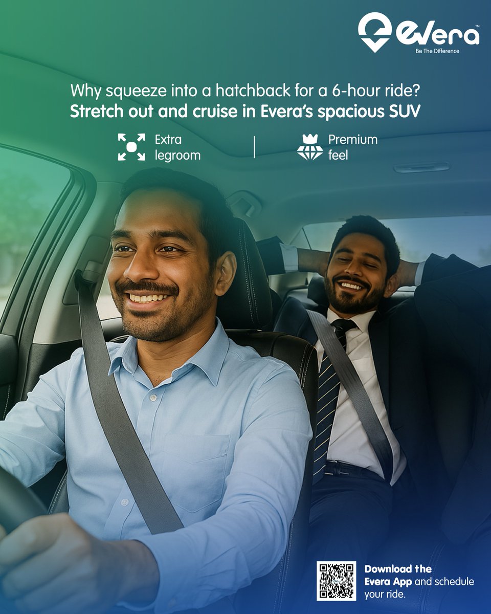 Everacabs (@everacabs) on Twitter photo Why cramp your style in a hatchback, when Evera’s spacious SUVs let you ride like a boss?
💺 Extra legroom
💎 Premium interiors
🧘♂ Comfort you can feel
📲 Click the link qrcodes.pro/2g0L5e to download the app and schedule your ride today!
<a href="/e_prakriti/">Prakriti E-Mobility</a>
#RideEvera Why cramp your style in a hatchback, when Evera’s spacious SUVs let you ride like a boss?
💺 Extra legroom
💎 Premium interiors
🧘♂ Comfort you can feel
📲 Click the link qrcodes.pro/2g0L5e to download the app and schedule your ride today!
<a href="/e_prakriti/">Prakriti E-Mobility</a>
#RideEvera