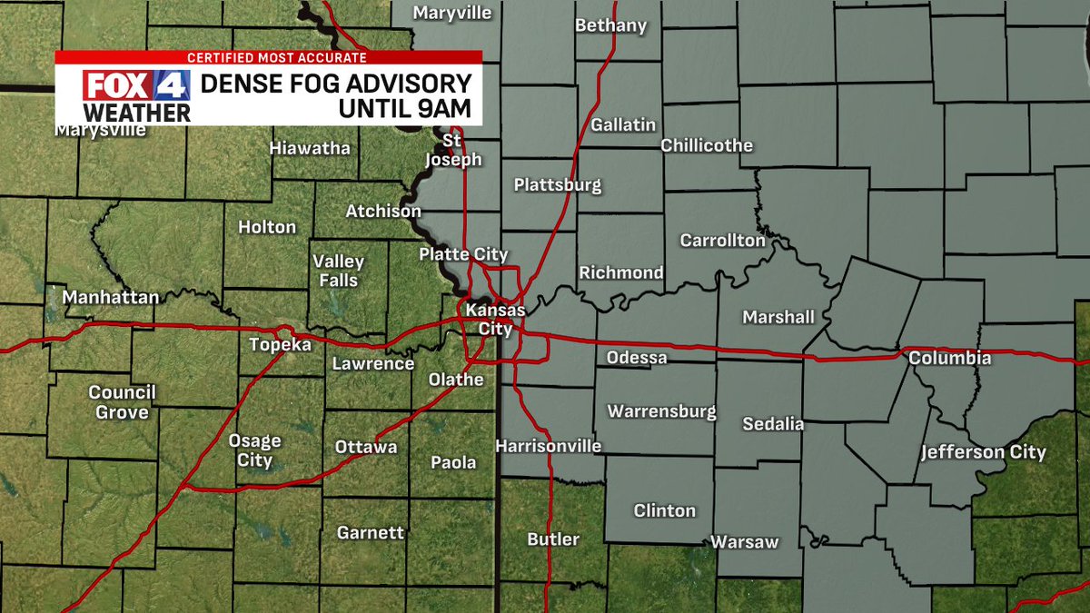 Dense Fog Advisory in effect until 9am this morning. #fox4kc