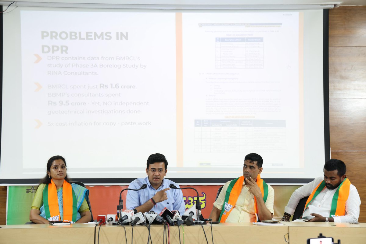 Tejasvi_Surya's tweet photo. T-31 to #YellowLineOpenMadi

Held a press conference on the systemic destruction of urban mobility by the Congress Government and the issues related to the Tunnel Road Project.

Highlighted that the Red Line of the Metro, which follows the same route, is a more viable and sustainable alternative to the proposed tunnel road.

State govt must focus on moving people, not vehicles. Expanding our public transport system, especially metro, is the most sustainable solution to easing Bengaluru's mobility crisis. 

@BMRCL
@blr_post

https://t.co/8W043lIRFe
