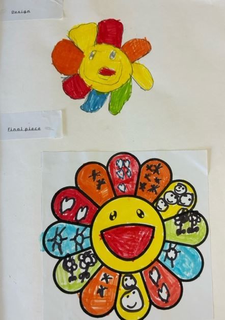 Year 1  have drawn inspiration from the pop artist Takashi Murakami. They used his artwork 'Yonaguni 2022' as a mentor piece to create their own designs featuring the iconic smiling flower.