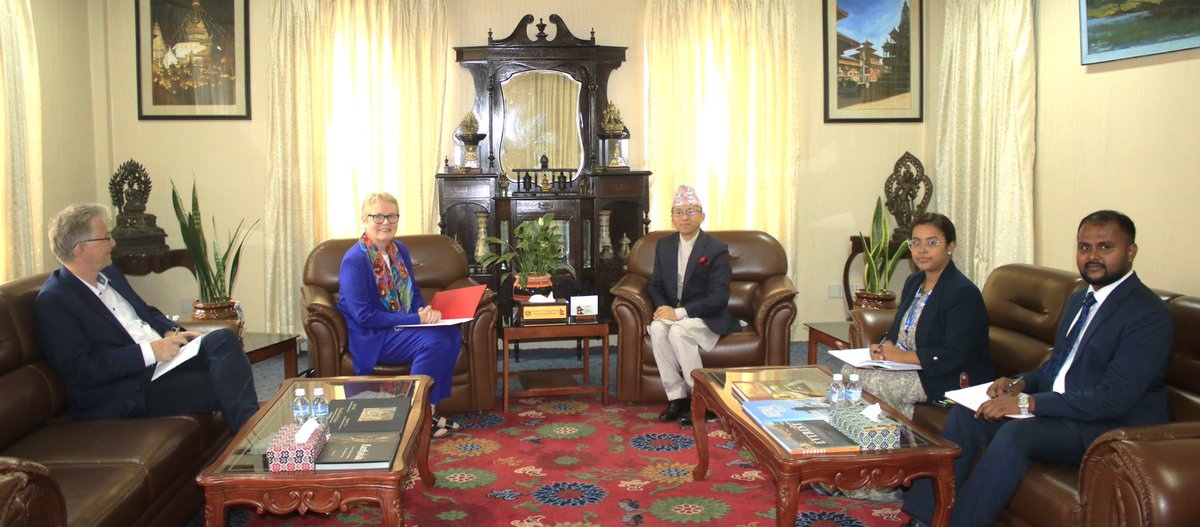 H.E. Ms. Torun Dramdal, Ambassador of the Kingdom of Norway, paid a farewell call on Foreign Secretary Mr. Amrit Bahadur Rai today. 

The Foreign Secretary thanked  the Ambassador for her contributions to  further strengthening and expanding Nepal-Norway relations during her