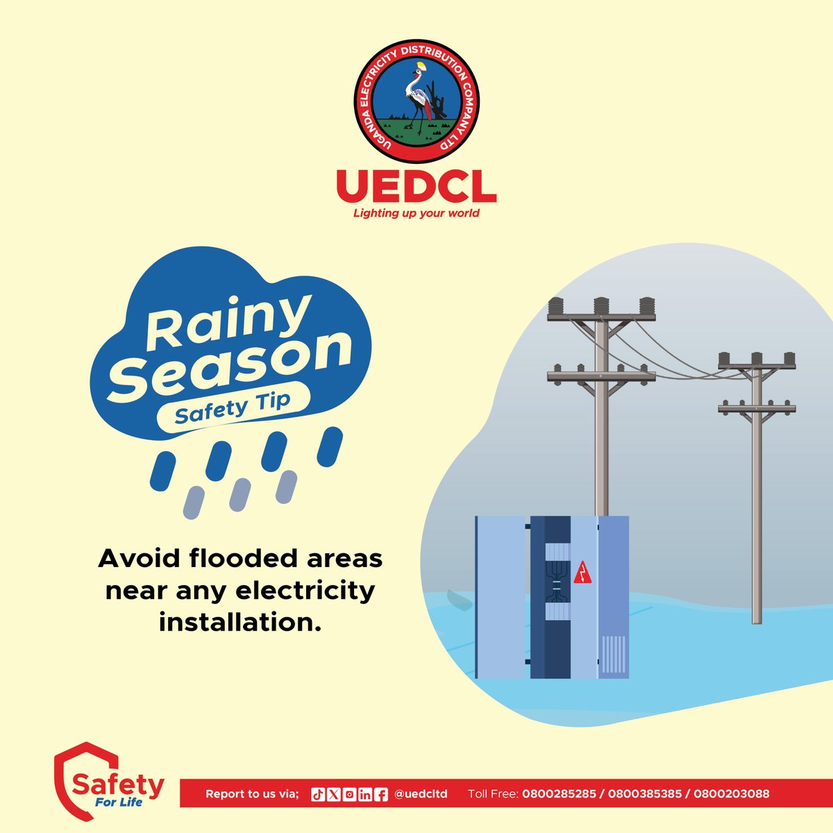 UEDCLTD's tweet image. In order for #SafetyForLife, please avoid flooded areas near any electricity installation. Stay safe this rainy season.
#UEDCLinService
#LightingUpYourWorld