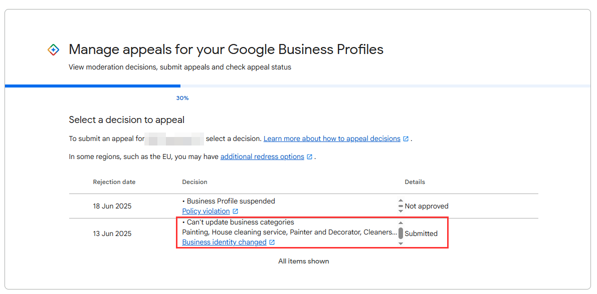 Just noticed that Google is now showing the reasons for rejecting appeals in the GBP Appeal Tool, specifically for 'can't update business category.' 🚨
