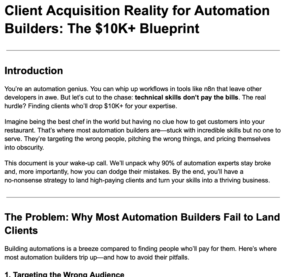 NoahEpstein_'s tweet photo. Most automation builders can build incredible workflows but have zero clients.

The technical skills are easy. Finding people who'll pay $10K+ for your automation is the real challenge.

Here's why 90% of n8n experts stay broke:

They target other builders instead of business owners
- Posting in automation Discord servers
- Selling to people who know how to build it themselves
- Competing on technical features nobody cares about

They lead with technology instead of outcomes
- "I built an n8n workflow with 47 nodes"
- Instead of "I saved this company $150K annually"

They price like developers instead of consultants
- $75/hour for n8n work
- Instead of $15K for solving a $100K problem

They have no systematic way to find prospects
- Random cold emails to businesses
- Instead of targeting companies with specific pain points

The brutal truth: You can be the best n8n builder in the world, but if you can't find clients who value what you do, you'll starve.

The opportunity: Most business owners are drowning in manual processes but don't know automation exists as a solution.

The strategy: Stop selling workflows. Start selling business outcomes.

Instead of "I automate business processes" try "I eliminate the manual work that's costing you $50K annually."

The reality check: Building automations is 20% of the business. Finding clients who'll pay premium prices is 80%.

Master client acquisition or stay a hobbyist forever.

Comment "CLIENTS" and I'll send you the complete client acquisition blueprint I use to find businesses ready to pay $10K+ for automation.