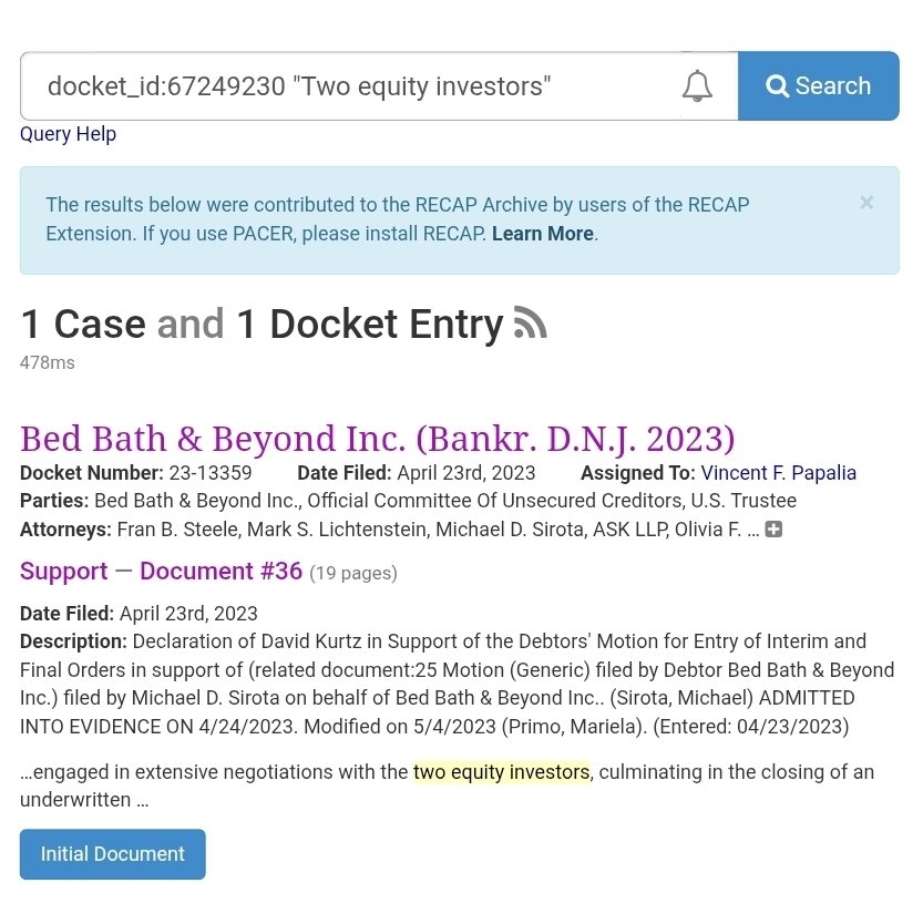 BobbyCat42's tweet image. Whoa I dont think I've seen this before, but going all of the way back to Docket 36, they let the cat out of the bag early on talking about how there were TWO equity investors pre-bankruptcy 👀 (and its the only time two equity investors are mentioned)
In late January 2023 ,BBBY…