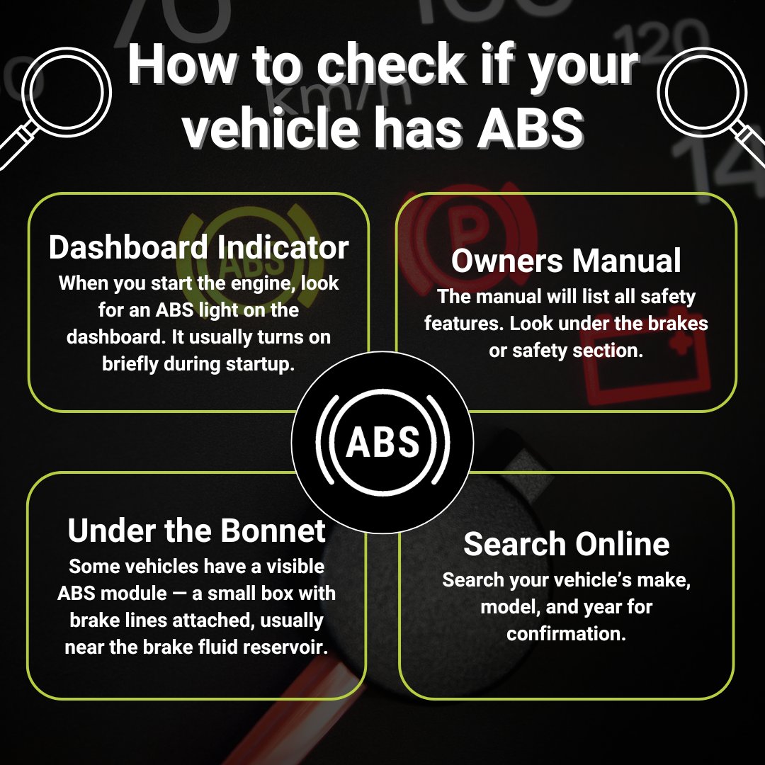 Not sure if your vehicle has ABS? 🤔 You’re not alone..

5% of drivers we assessed didn’t know if their vehicle was equipped with an Anti-lock Braking System (ABS) — a critical safety feature that helps prevent skidding during emergency braking 🛑

Here’s how to check👇