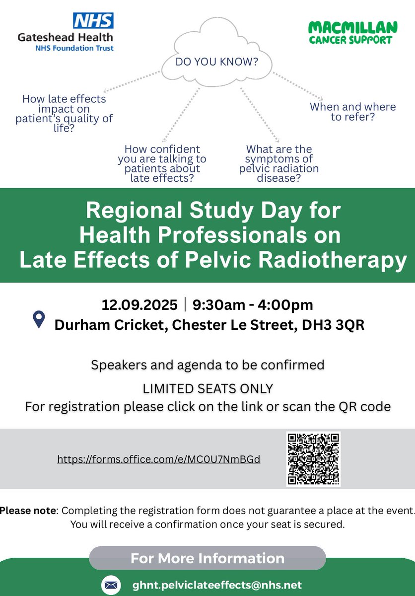 NorthernCancer's tweet image. Join Gateshead Health and Macmillan for a regional study day focused on the late effects of pelvic radiotherapy.
Find out more below
Register 👉forms.office.com/e/MC0U7NmBGd