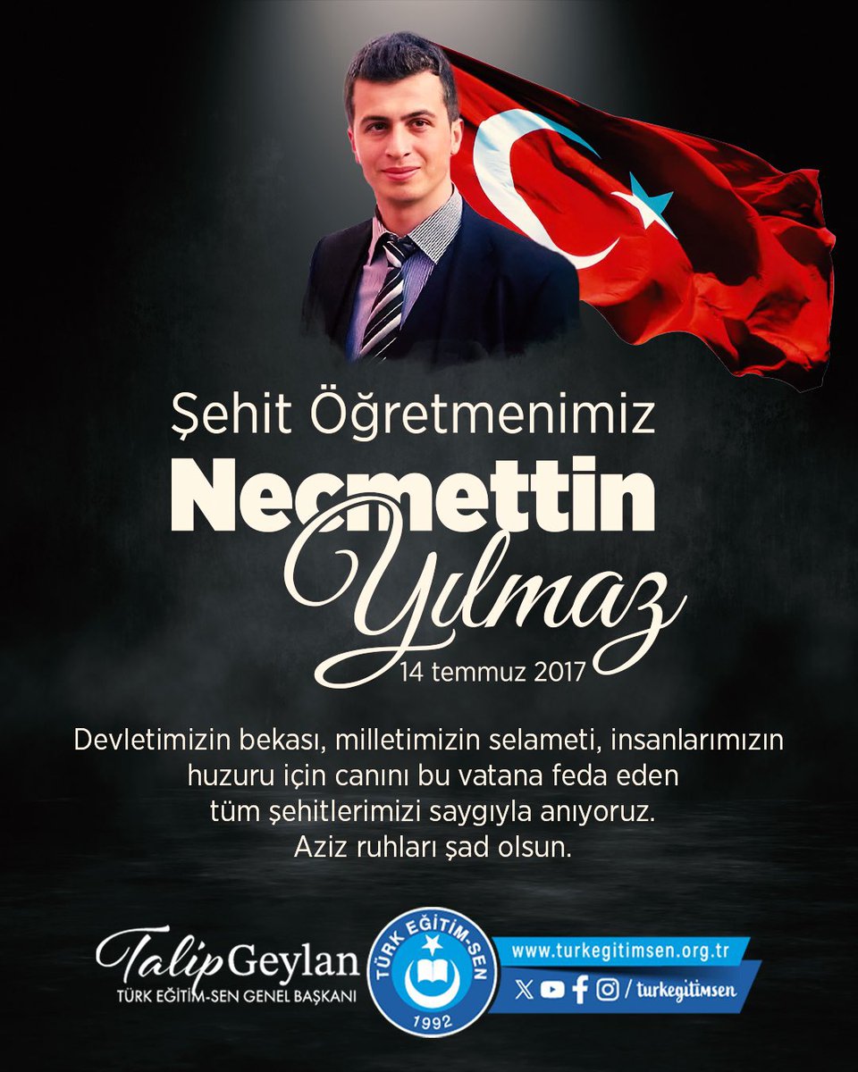 BİR ÖLÜR, BİN DİRİLİRİZ!
14 Temmuz 2017’de bölücü hainler tarafından katledilen şehit öğretmen Necmettin Yılmaz’ı rahmetle anıyoruz.
Aziz ruhu şad olsun.