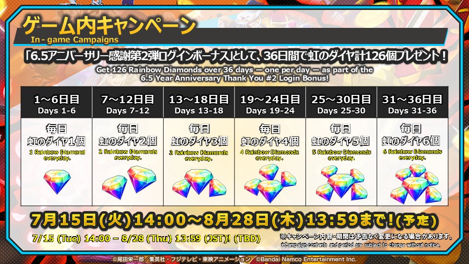 【第3回 たなP vs あおぴー スペシャルマッチ】

7/15(火) 14:00より「6.5アニバーサリー感謝第2弾ログインボーナス」として、期間中のログインで虹のダイヤを最大126個プレゼント💎
毎日忘れずにログインして受け取ろう！

視聴はこちら👇👀
youtube.com/live/1q4l9QwZo…

#バウンティラッシュ