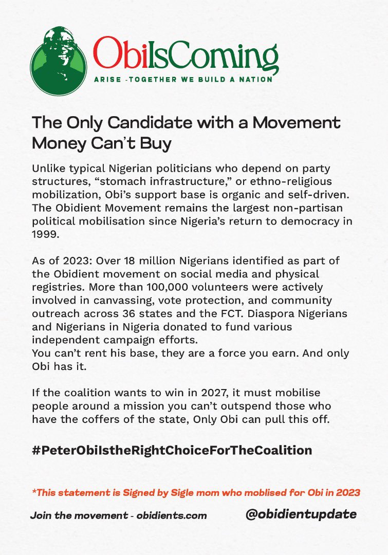 PO remains the candidate with a movement money can’t buy. 

It’s all been organic and self-driven. 

For coalition members, you can’t outspend those with state coffers. 

You need a man with organic following. 

Peter Obi is that man.