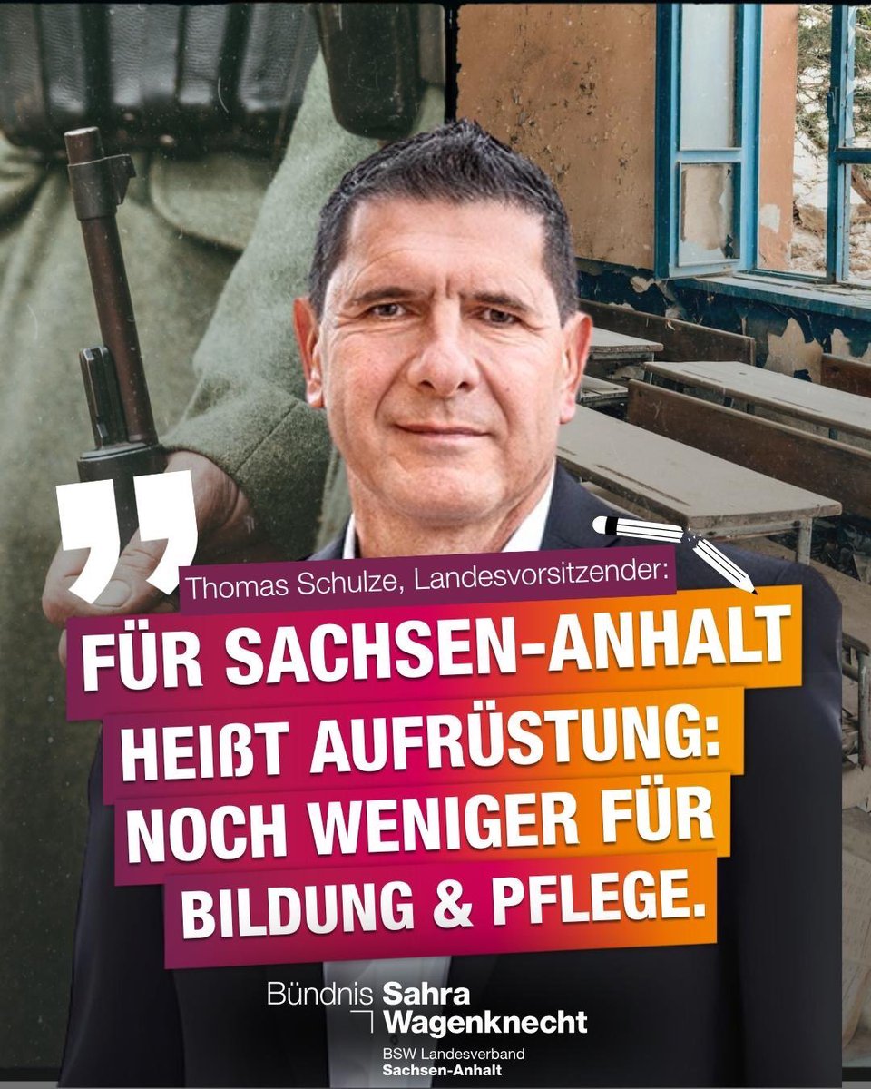 bsw_vg_lsa's tweet image. Milliarden für Panzer – aber kein Geld für Kitas, Pflege und Schulen?
Was CDU-Kanzler Merz in Berlin plant, trifft uns in Sachsen-Anhalt mit voller Wucht.
Merz ruft das Ende der sogenannten „Friedensdividende“ aus – und meint damit vor allem eines: massive Kürzungen im…