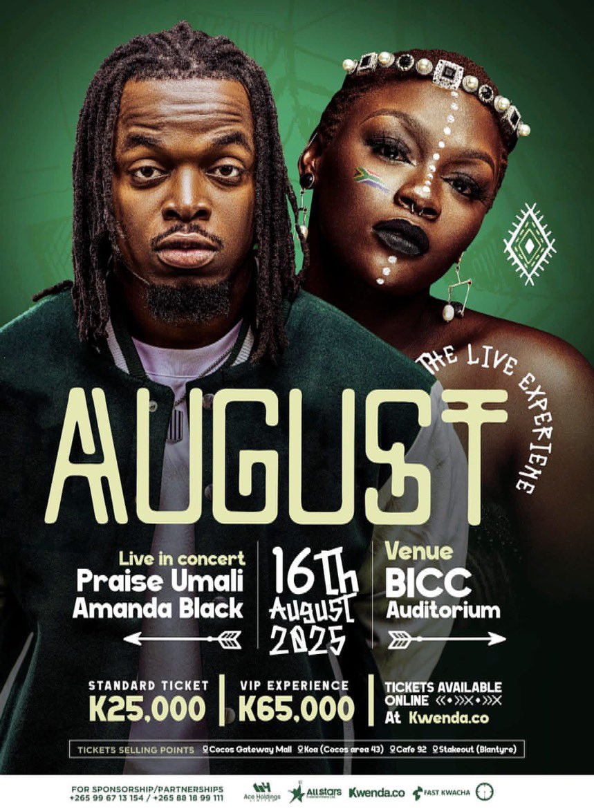 Kwenda.Co (@kwendaco) on Twitter photo ๐ฅ AUGUST: THE LIVE EXPERIENCE is almost here!๐ถ
Amanda Black ๐ฟ๐ฆ and Praise Umali ๐ฒ๐ผ are lighting up the BICC stage this August! ๐ถ
๐
16 August
๐ BICC Auditorium, Lilongwe
๐ซ Get your tickets on kwenda now:
๐ฒ Dial *495# or click ๐๐ฝ kwenda.co/events/d7d1241โฆ
See you there๐ฅ ๐ฅ AUGUST: THE LIVE EXPERIENCE is almost here!๐ถ
Amanda Black ๐ฟ๐ฆ and Praise Umali ๐ฒ๐ผ are lighting up the BICC stage this August! ๐ถ
๐
16 August
๐ BICC Auditorium, Lilongwe
๐ซ Get your tickets on kwenda now:
๐ฒ Dial *495# or click ๐๐ฝ kwenda.co/events/d7d1241โฆ
See you there๐ฅ