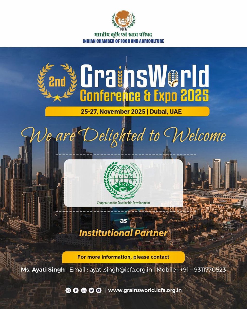 🌾 Proud to welcome AARDO as an Institutional Partner for the 2nd GrainsWorld Conference &amp; Expo 2025 — 25–27 Nov | Dubai, UAE.
Together for sustainable agri solutions! 🌍

🔗 grainsworld.icfa.org.in
#GrainsWorld2025 #ICFA #AARDO #AgriLeadership #Sustainability #GlobalAgri