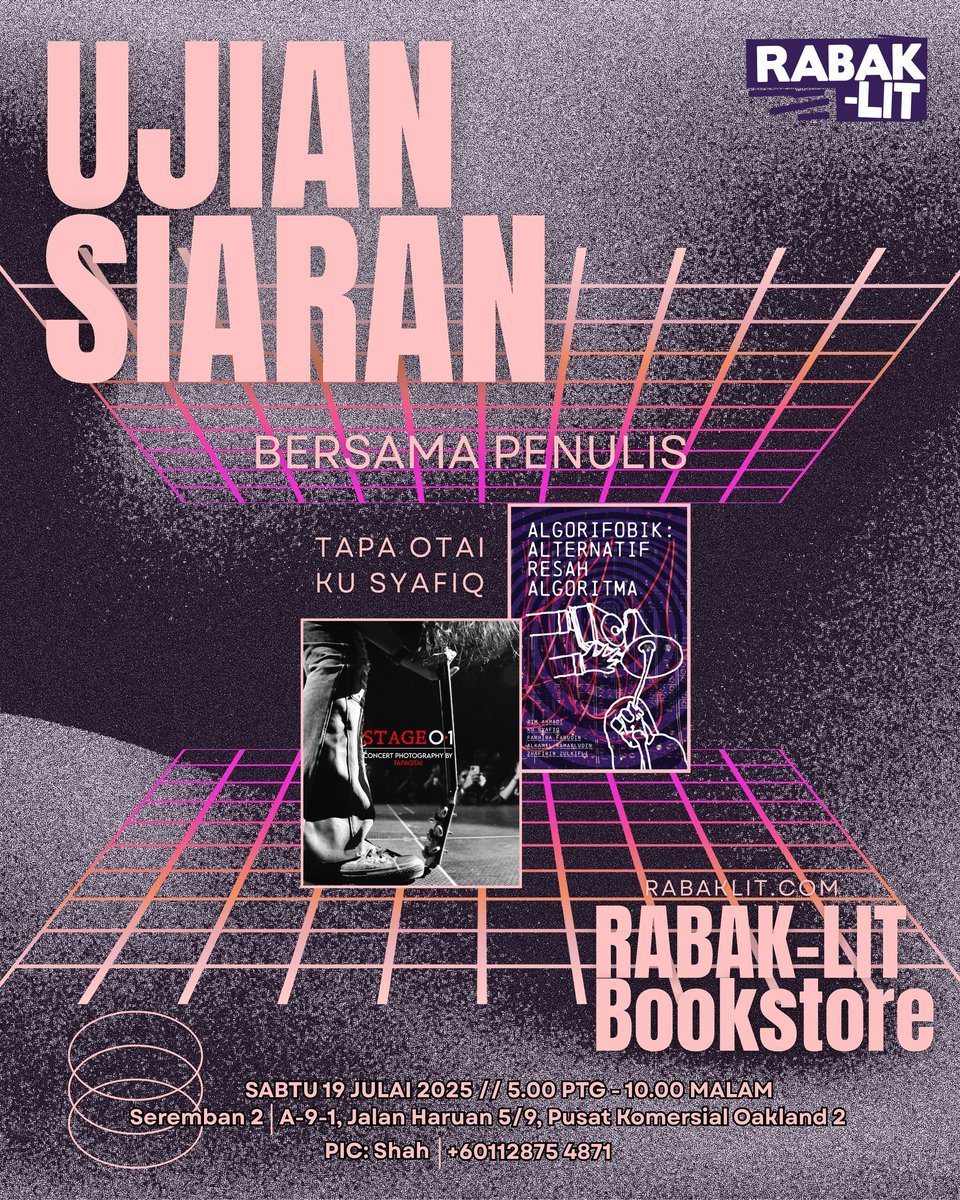 UJIAN SIARAN Rabak-Lit Bookstore, acara pertama kali dilakukan di kedai buku Rabak-Lit bersama penulis-penulis Algorifobik dan Stage 0.1. Budak scene muzik indie dan otai muzik rock sekitar #seremban boleh hadir join lepak, sembang dan bergosip hal muzik tempatan