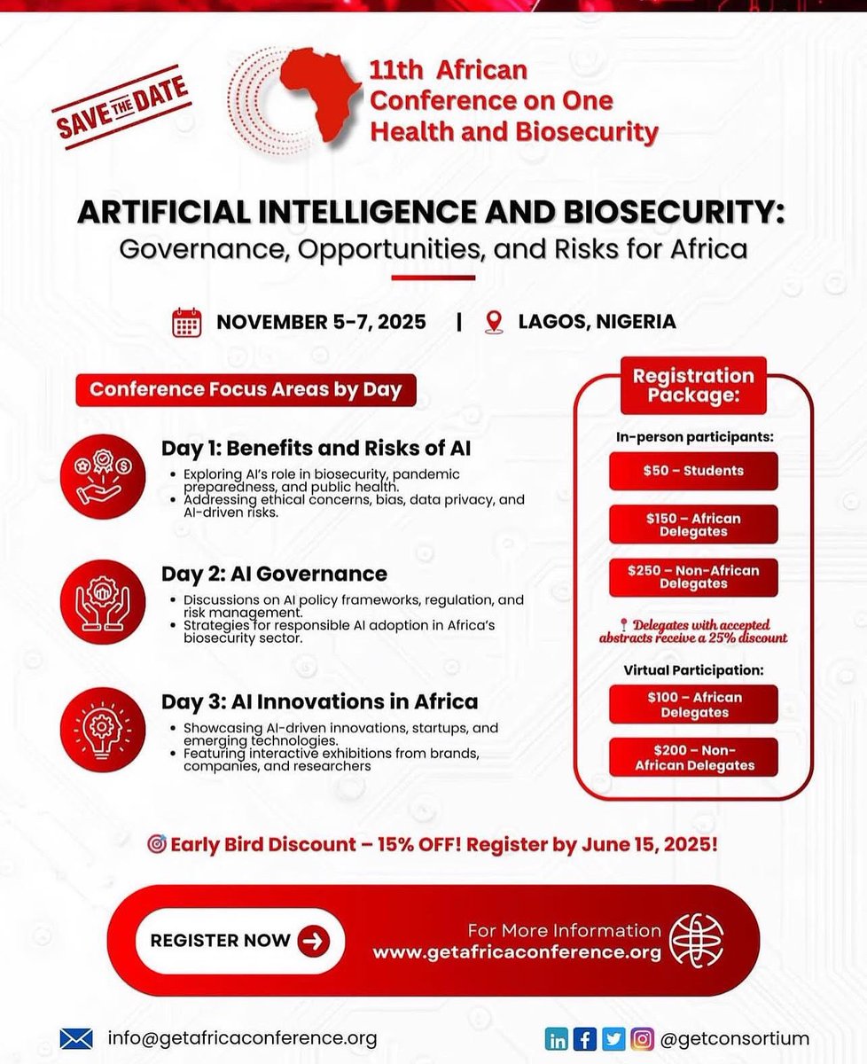 📢 Save the Date!
The 11th African Conference on One Health &amp; Biosecurity is coming to Lagos — Nov 5–7, 2025.

🌍 Theme: AI &amp; Biosecurity: Governance, Opportunities &amp; Risks for Africa

🔗 Register: bit.ly/GETConference2…
#getconference2025 #aiforafrica #biosecurity