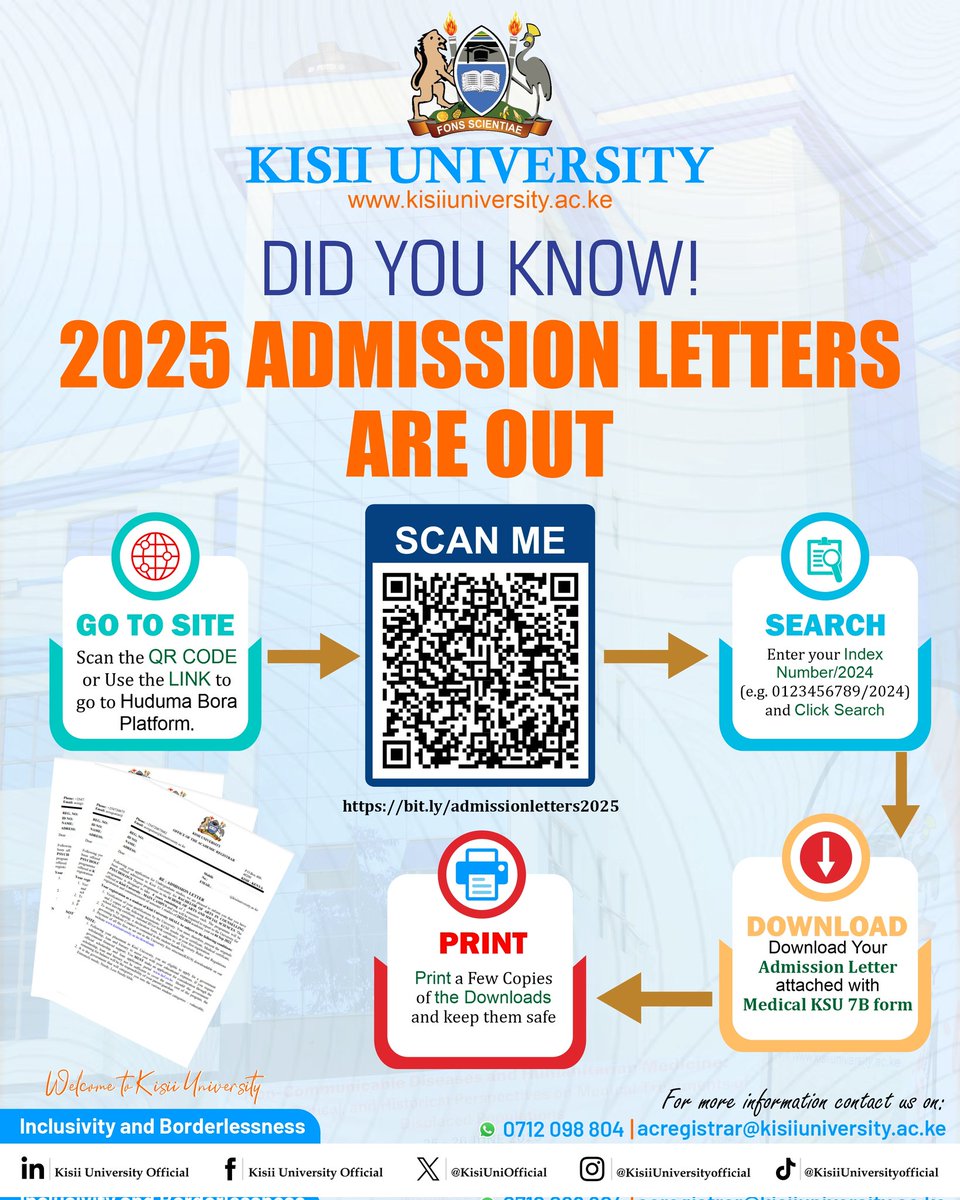Kisii University (@kisiuniofficial) on Twitter photo Did you get placed in Kisii University. Well, well well, time for you to download your admission letter and gear up for the Online Admission Process. Remember, we got your back anywhere you get stuck. Scan the QR Code in the Poster or click on this link digital.kisiiuniversity.ac.ke/students/admis… Did you get placed in Kisii University. Well, well well, time for you to download your admission letter and gear up for the Online Admission Process. Remember, we got your back anywhere you get stuck. Scan the QR Code in the Poster or click on this link digital.kisiiuniversity.ac.ke/students/admis…